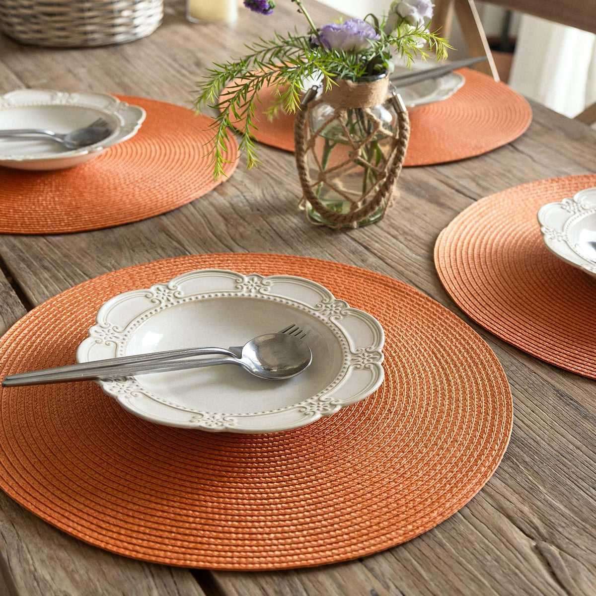 Round Braided Placemats Set of 6 Table Mats for Dining Tables Woven Washable Non-Slip Place mats 15 Inch for Fall