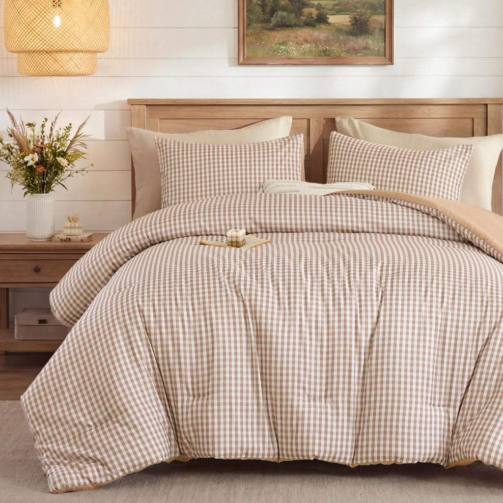 Gingham Comforter Set, 3 Pieces Tan Plaid Comforter Set