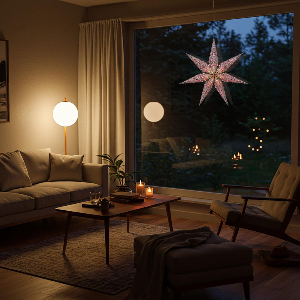 Inspired Noguchi Style Cathedral Paper Lantern Star Light - 7 Point Ø 24 inch - Black/Pink with Violet/Turquoise Tissue Inlay
