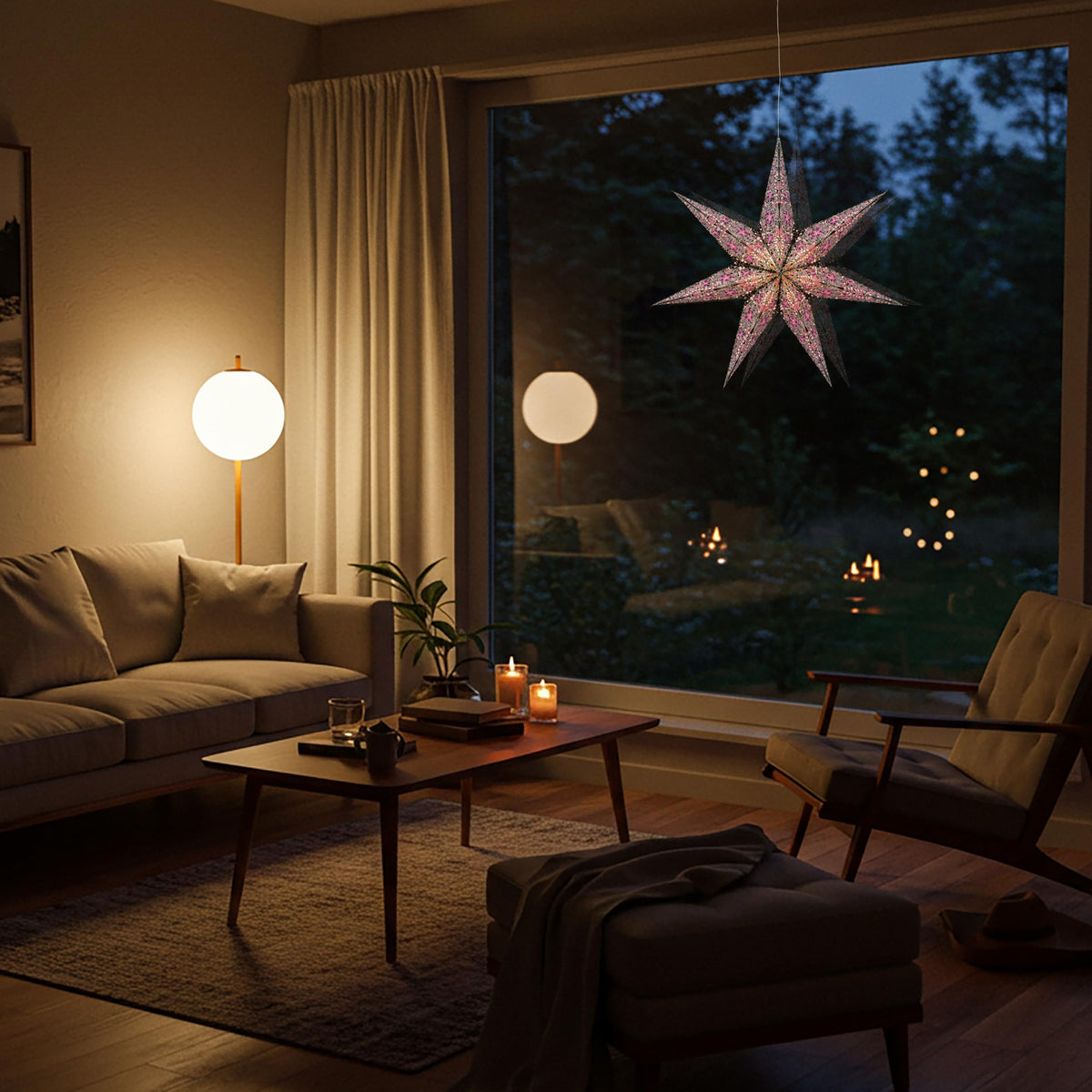 Inspired Noguchi Style Cathedral Paper Lantern Star Light - 7 Point Ø 24 inch - Black/Pink with Violet/Turquoise Tissue Inlay