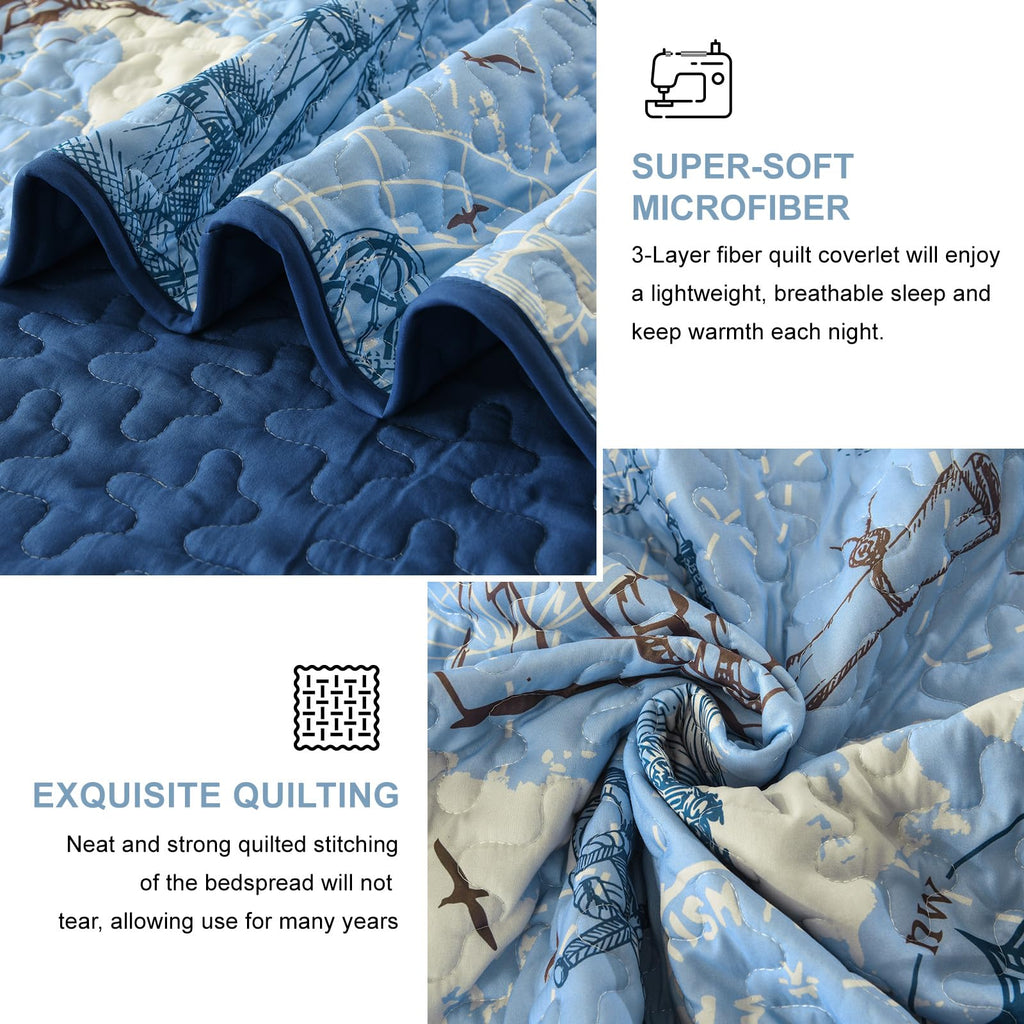 Ocean Coastal Quilt, 3 Pcs Beach Theme Bedspread Bedding Set