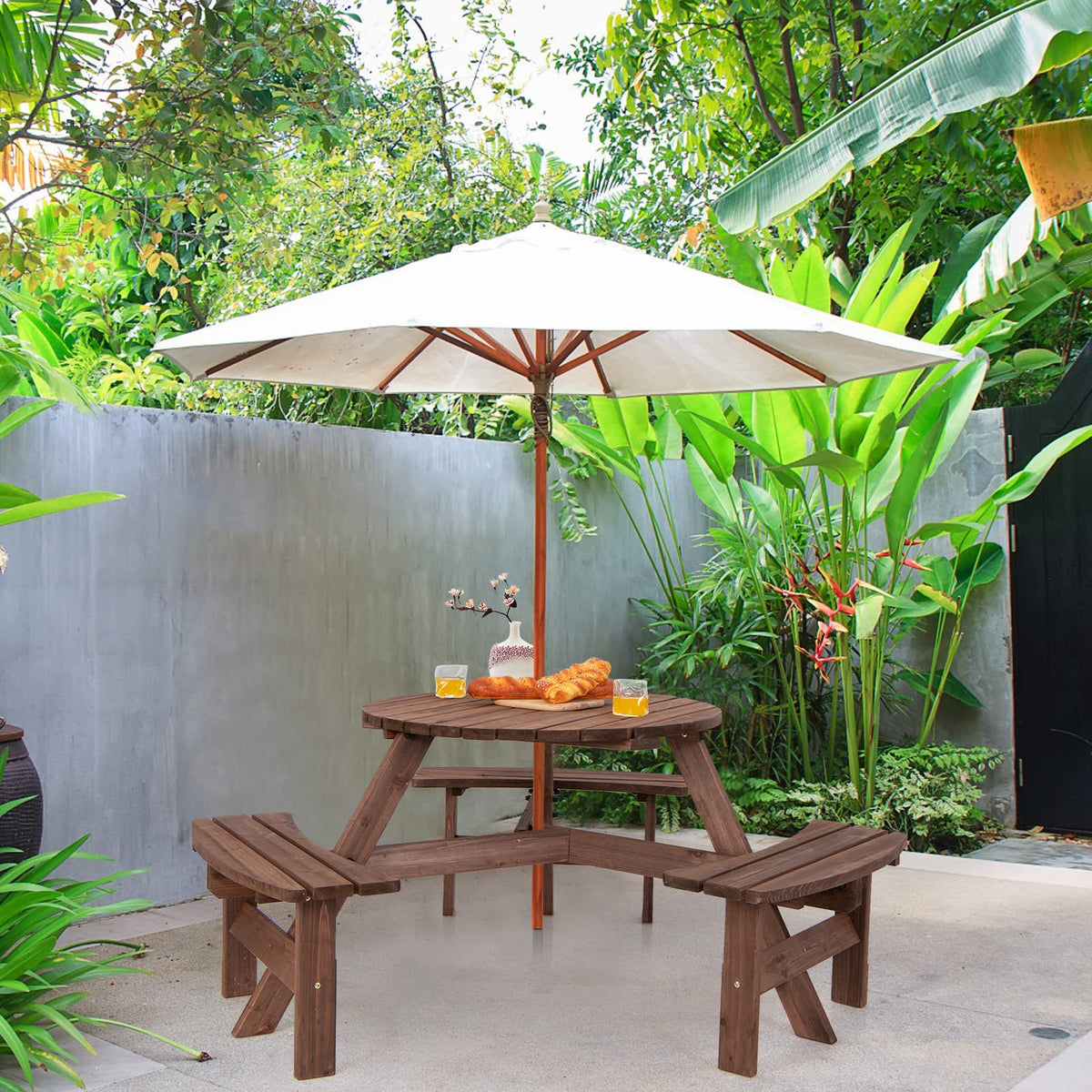 6 Person Wood Picnic Table, Outdoor Round Picnic Table with 3 Built-in Benches, Umbrella Hole, Outside Table and