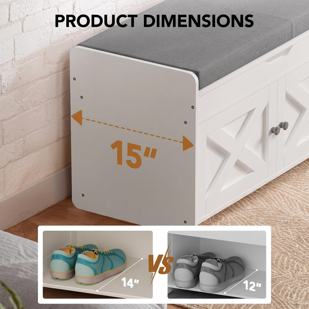 Shoe Storage Bench with Seating, Farmhouse Entryway Bench, Cream