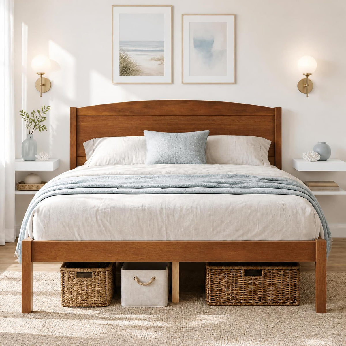Full Size Bed Frame, Wooden Platform Bed with Curved Headboard