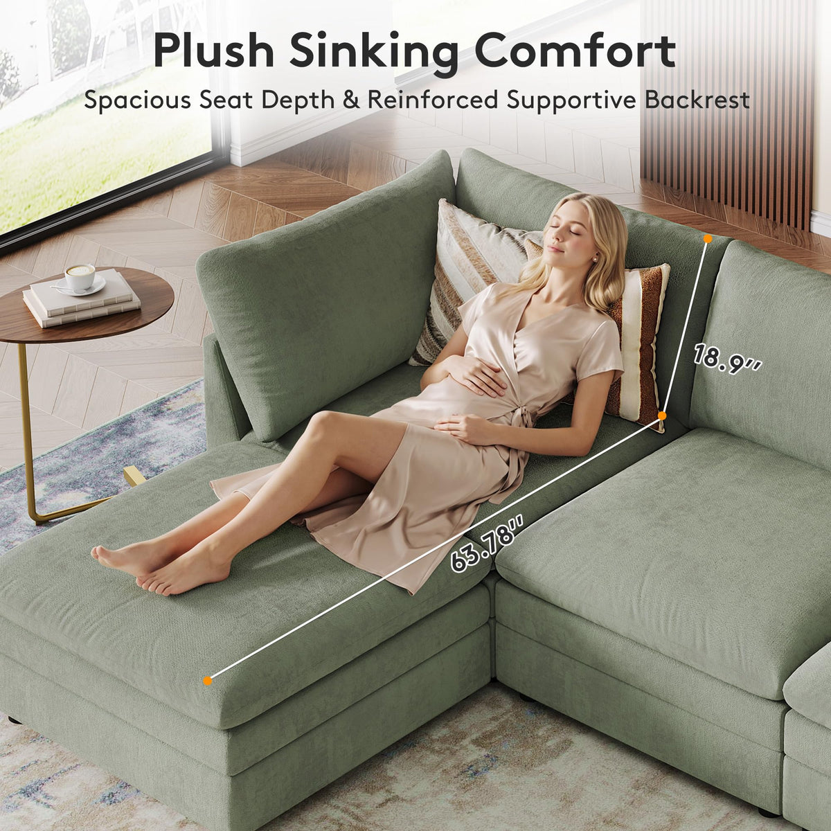 98" Large Cloud Modular Sectional Sofa with Ottoman, Sage Chenille