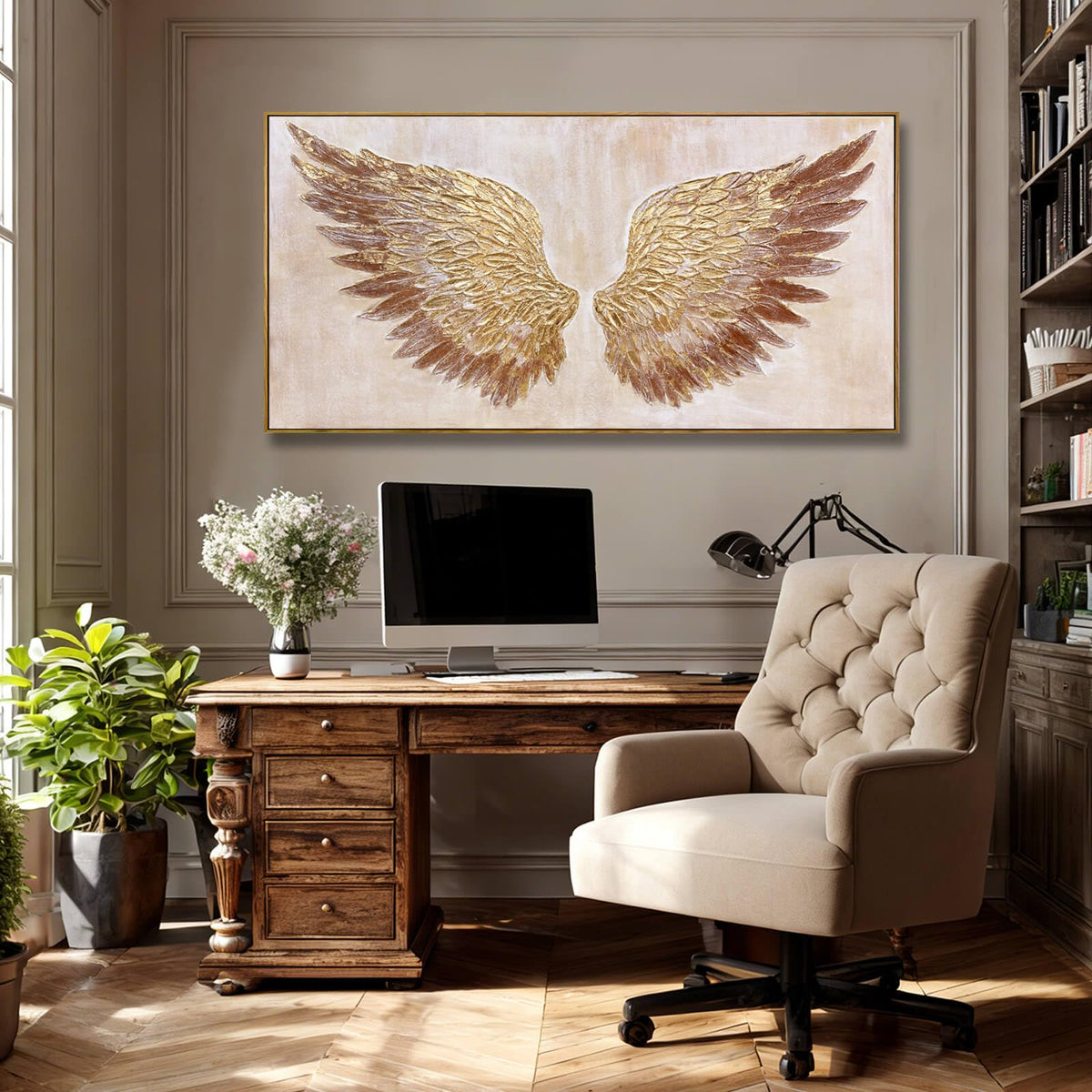 Gold Feather Wall Art, Textured Canvas Bedroom Home Decor 24"x48"