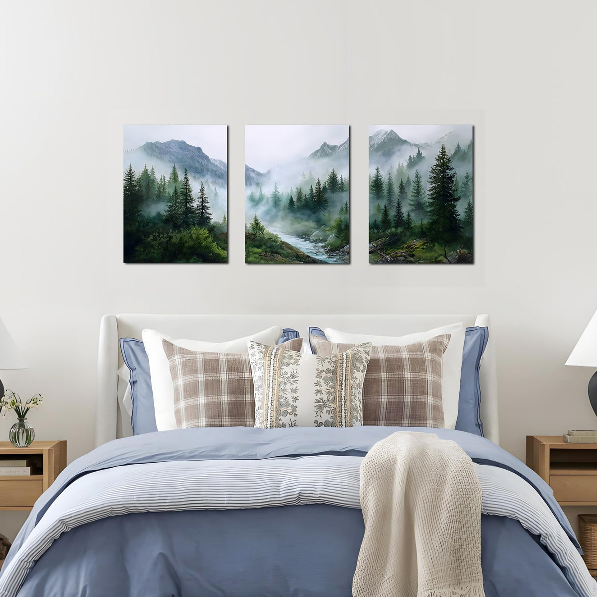 Misty Forest Wall Art Green Mountain Landscape Canvas Prints Nature Tree River Artwork Bedroom Office Home Decor