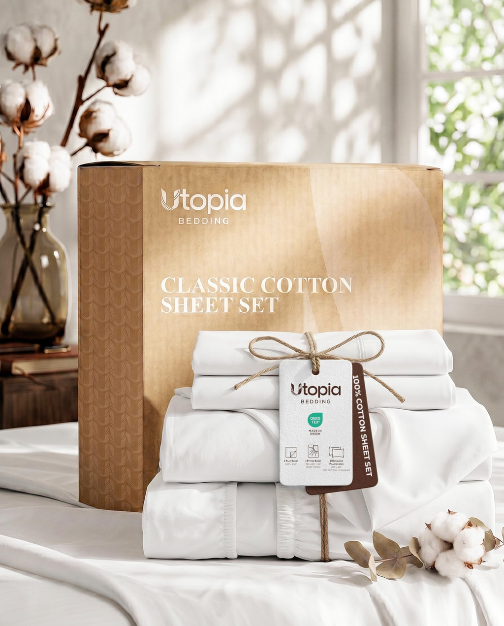 100% Cotton Sheets, 16" Deep Pocket, 4 Piece Sheet Set, White