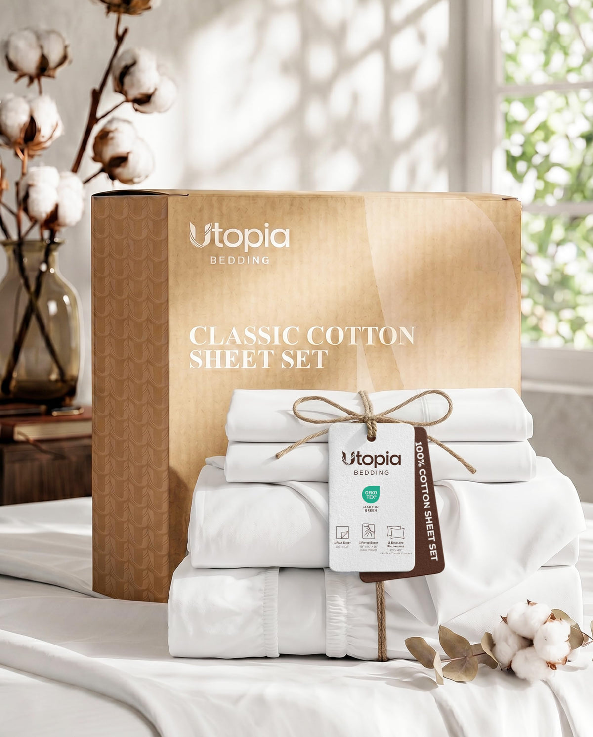 100% Cotton Sheets, 16" Deep Pocket, 4 Piece Sheet Set, White