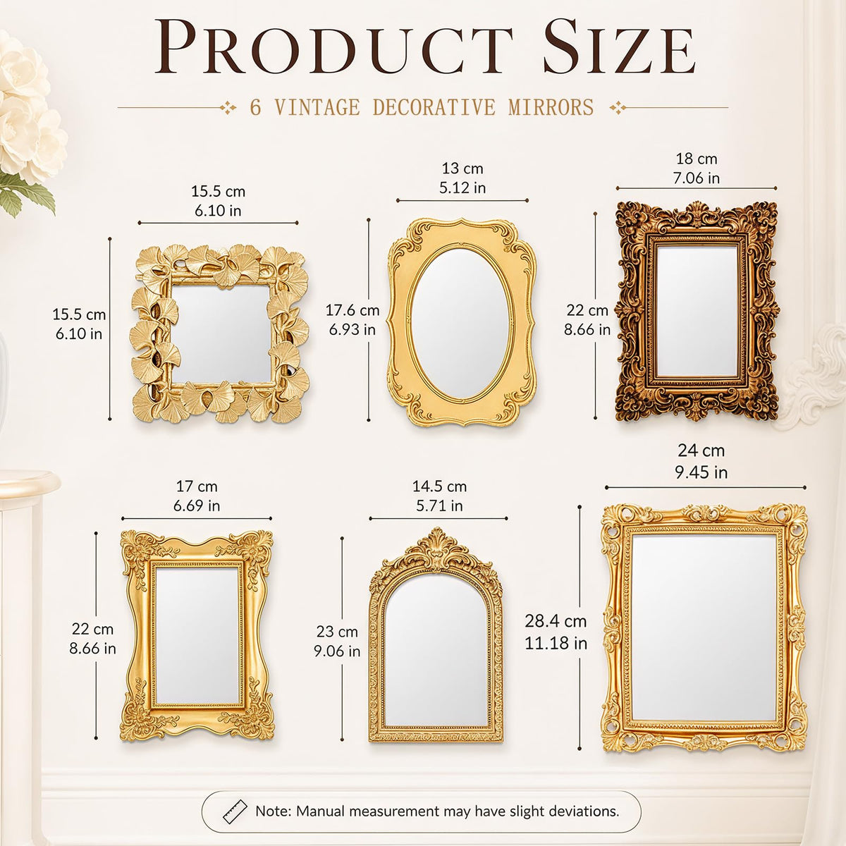6 Pack Vintage Gold Mirror for Wall Gold Antique Wall Hanging Mirrors Decorative Resin Frame Baroque Style Assorted