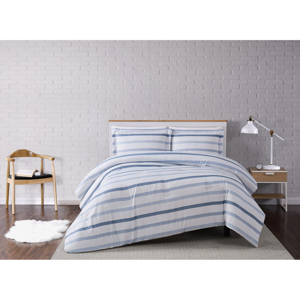 Waffle Stripe White and Blue Polyester 3-Piece King Quilt Set, Stripe Themed, for Men and Women, Oeko-TEX Certified