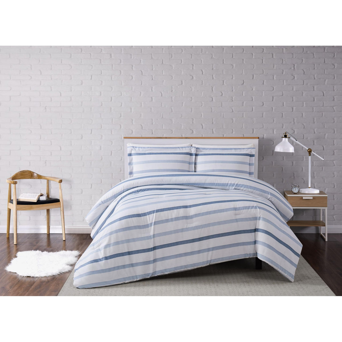 Waffle Stripe White and Blue Polyester 3-Piece King Quilt Set, Stripe Themed, for Men and Women, Oeko-TEX Certified