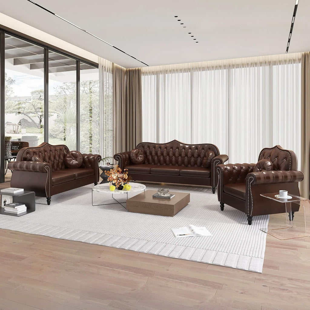 Chesterfield 3-Piece Tufted Faux Leather Living Room Sofa Set — Sofa, Loveseat & Armchair with Nailhead Trim, Brown