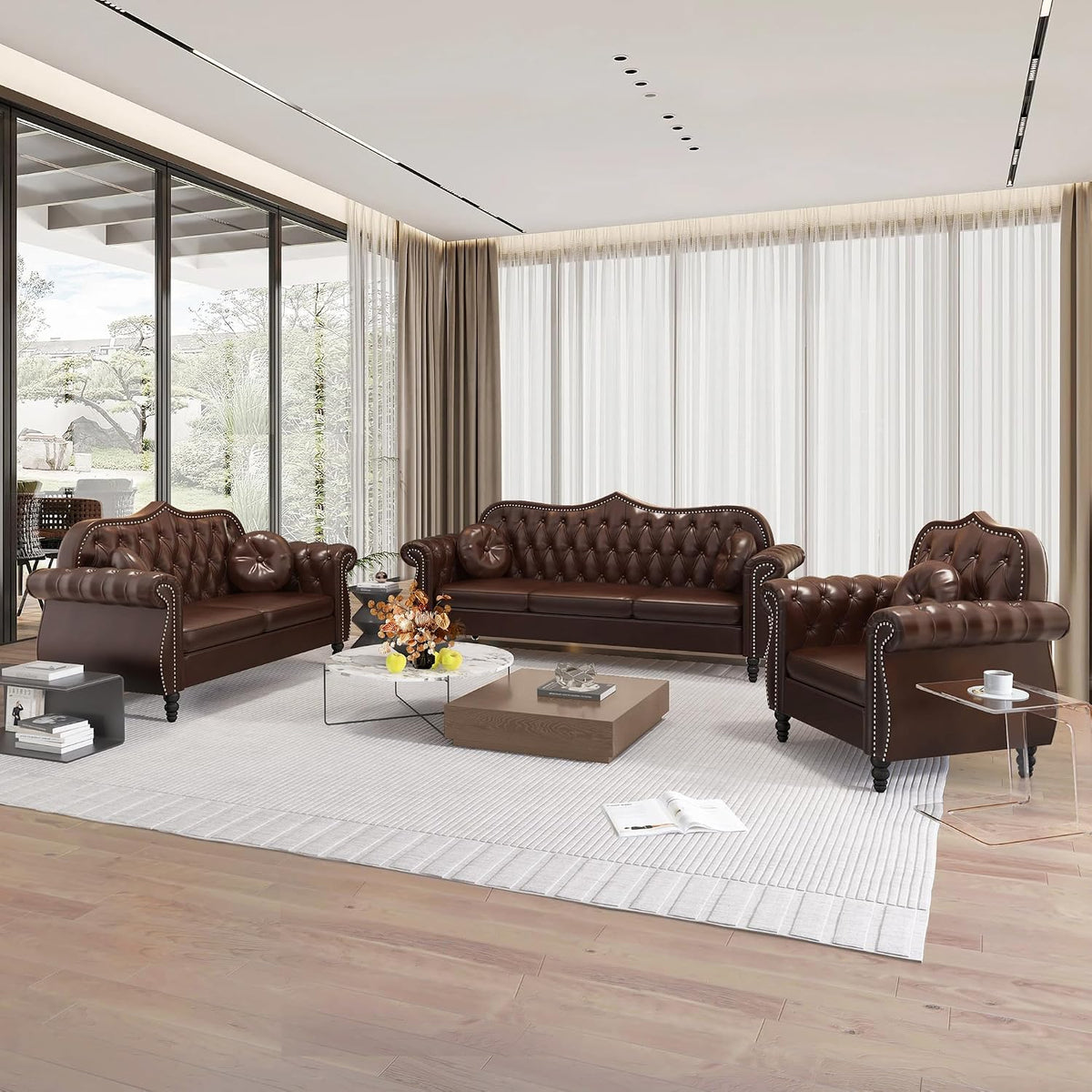 Chesterfield 3-Piece Tufted Faux Leather Living Room Sofa Set — Sofa, Loveseat & Armchair with Nailhead Trim, Brown