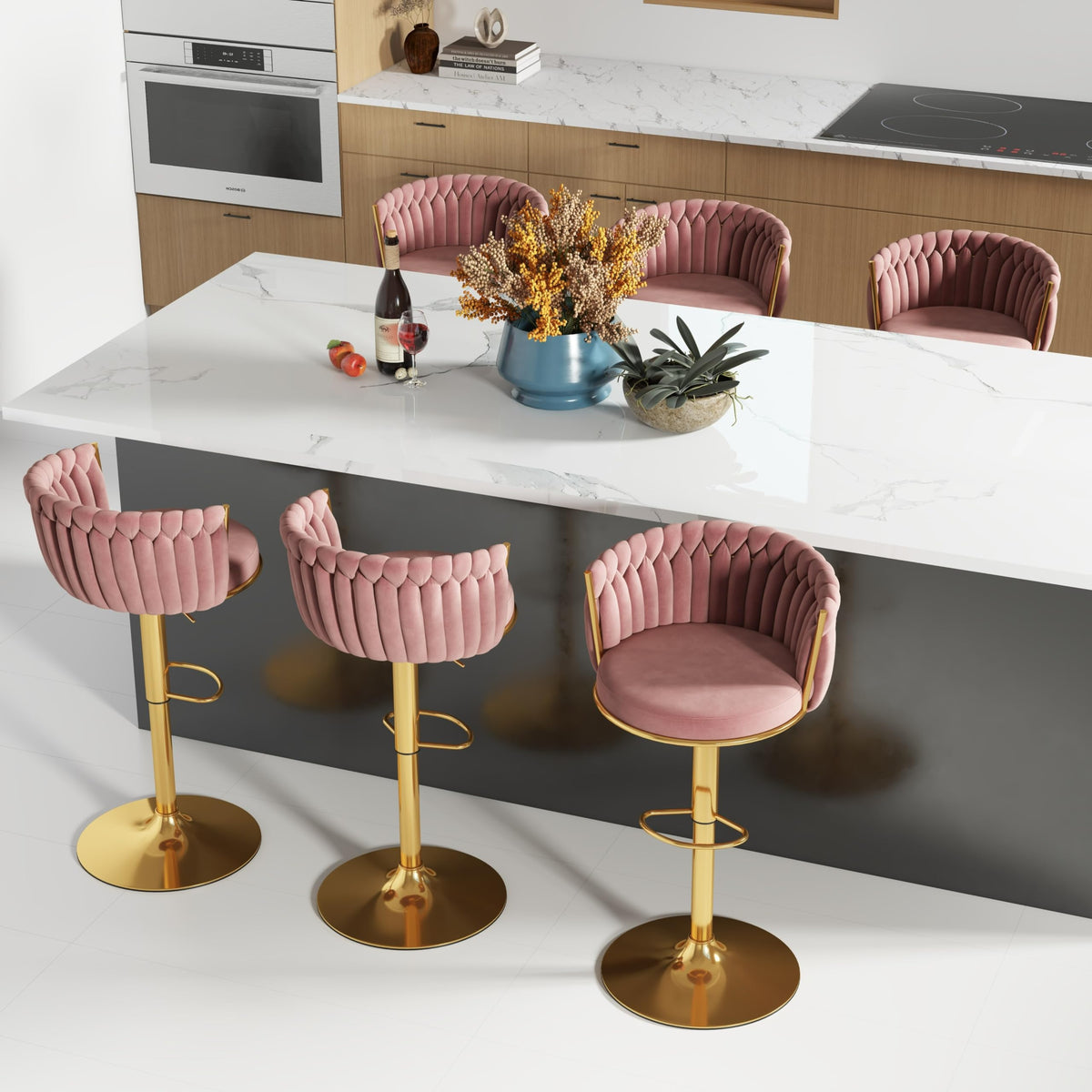 Gold Bar Stool Set of 6, Velvet Swivel Barstools, Height Adjustable Counter Stools with Woven Backrest, Upholstered