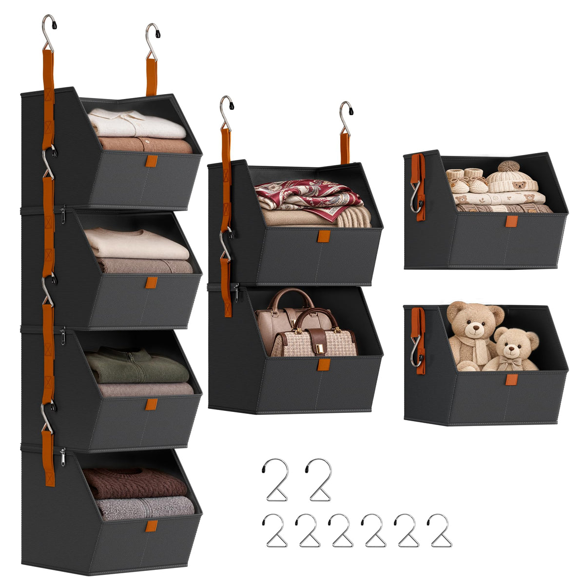 Hanging Closet Organizer, Modular 4-in-1 Hanging Shelves, Black