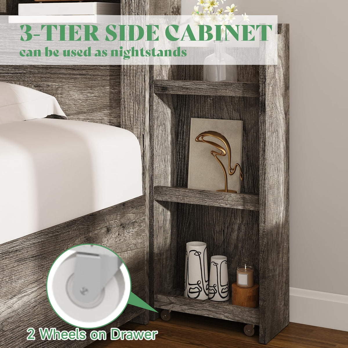 Bed Frame with Bookcase Headboard & Storage, Rustic Grey