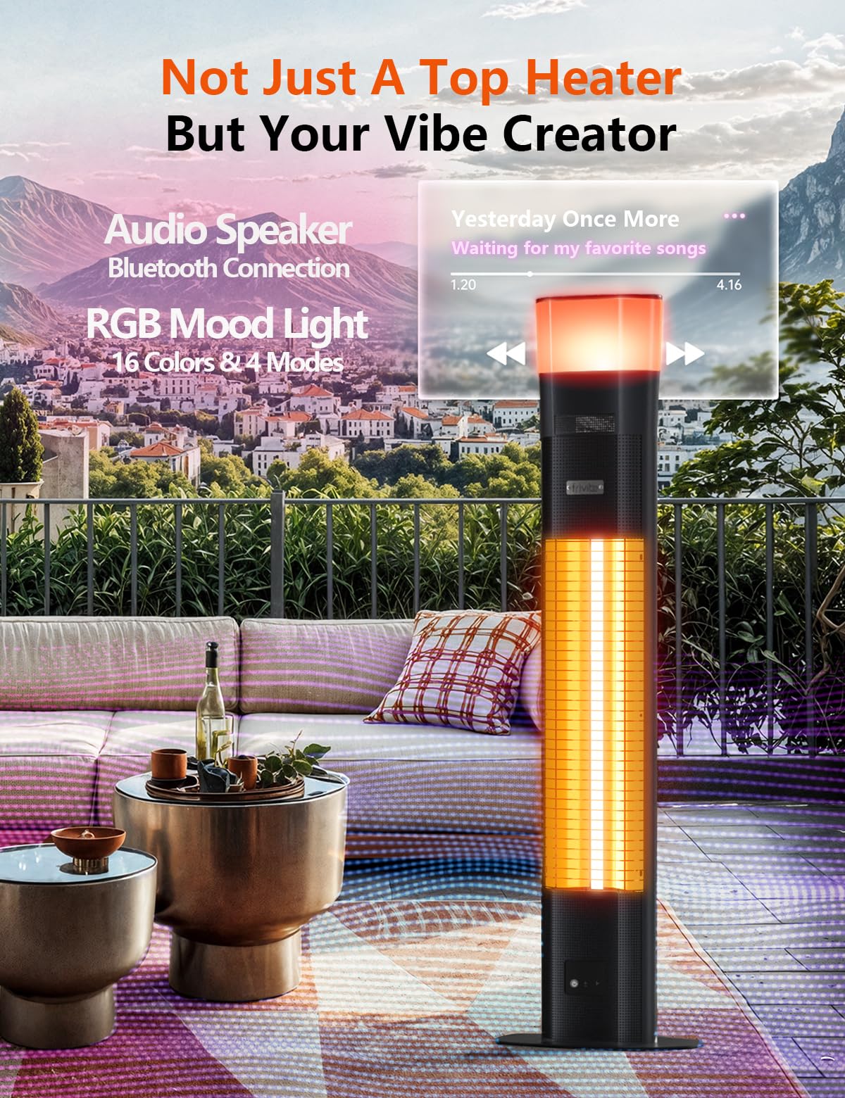Electric Patio Heater, 1500W Infrared Outdoor Heater, 43-Inch Freestanding Patio Heater with Bluetooth Speaker &