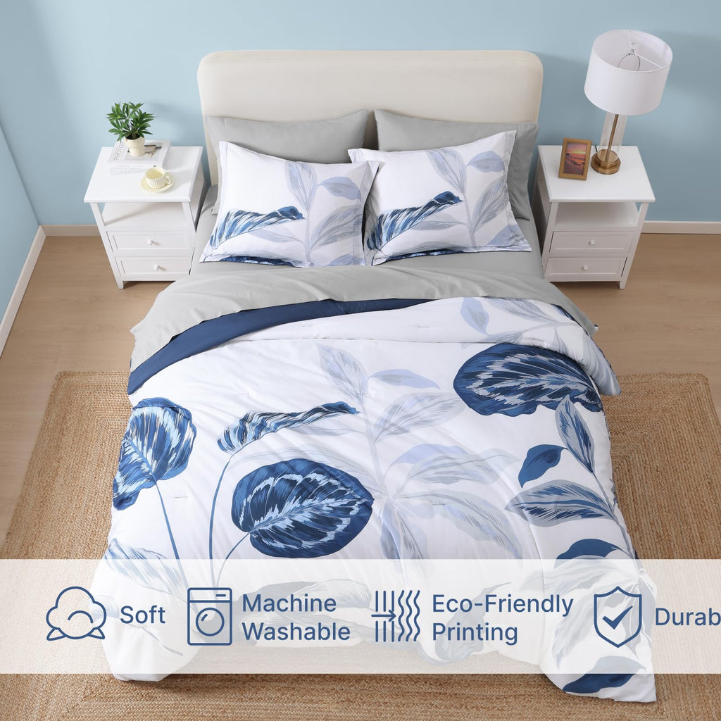 Comforter Set- 7 Pieces Blue Tropical Leaves Soft Bedding Sets, Coastal Bed in a Bag, Botanical Printed