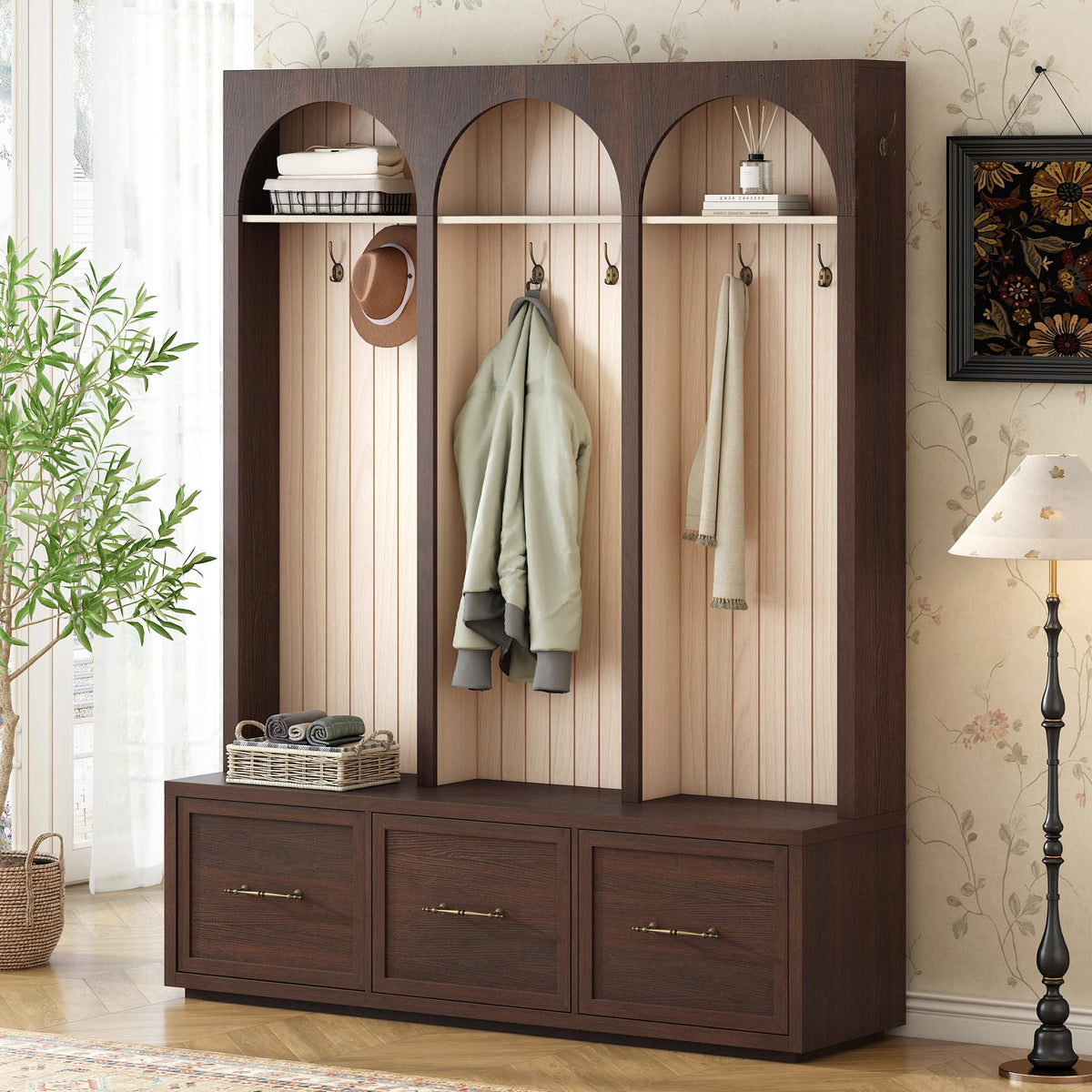 Farmhouse Wood Hall Tree with Shoe Bench and 3 Drawers, 4-in-1 Entryway Coat Rack with 8 Hooks for Entrance, Hallway