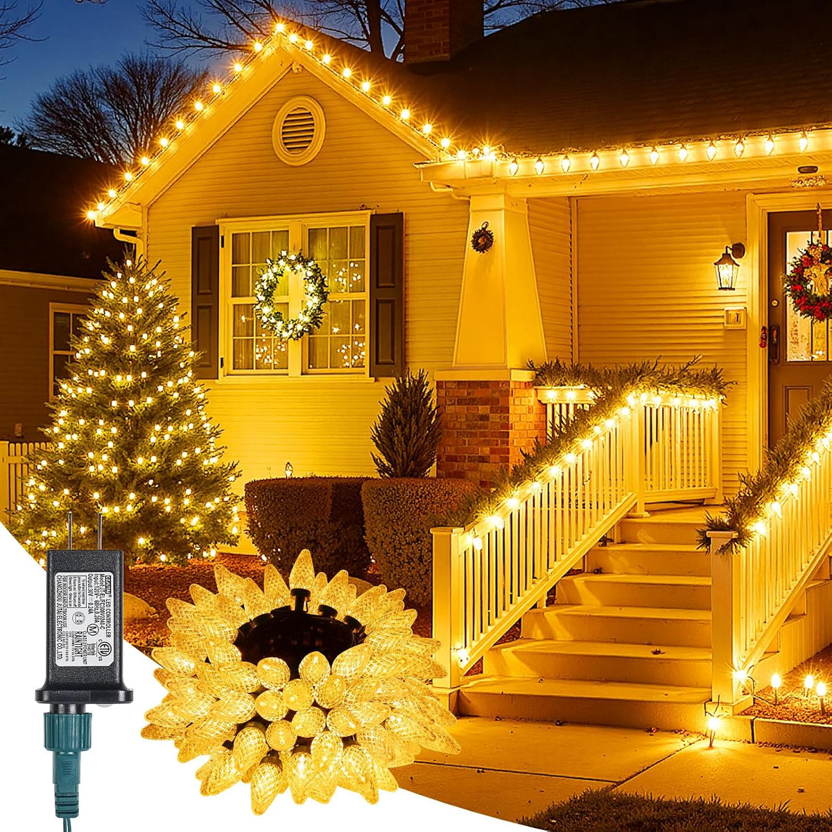 C9-Christmas-Lights-Outdoor,88FT 110LED String Lights with 8 Lighting Mode,Waterproof Connectable UL Certified Warm