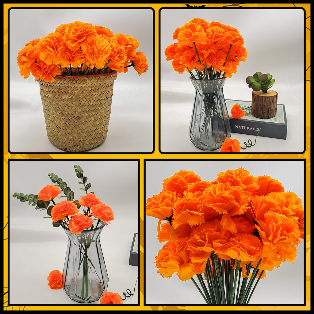 100 Pcs Marigold Flowers Heads with Floral Stems, Silk Orange Artificial Flowers for Diwali Day of The Dead DIY