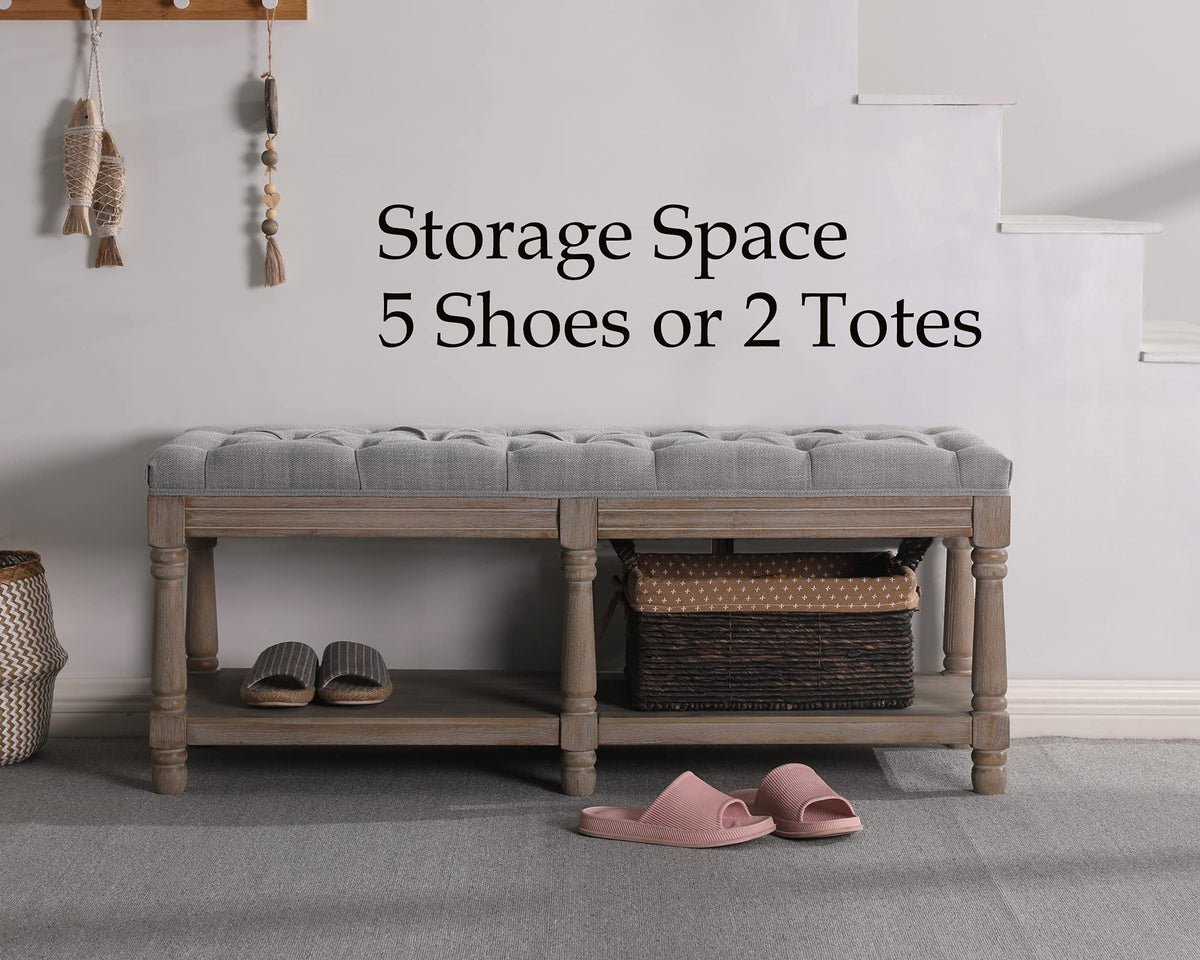 Farmhouse Storage Bench Wooden Entryway Upholstered Tufted Ottoman Bench End of Bed Hallway Organizer, Grey