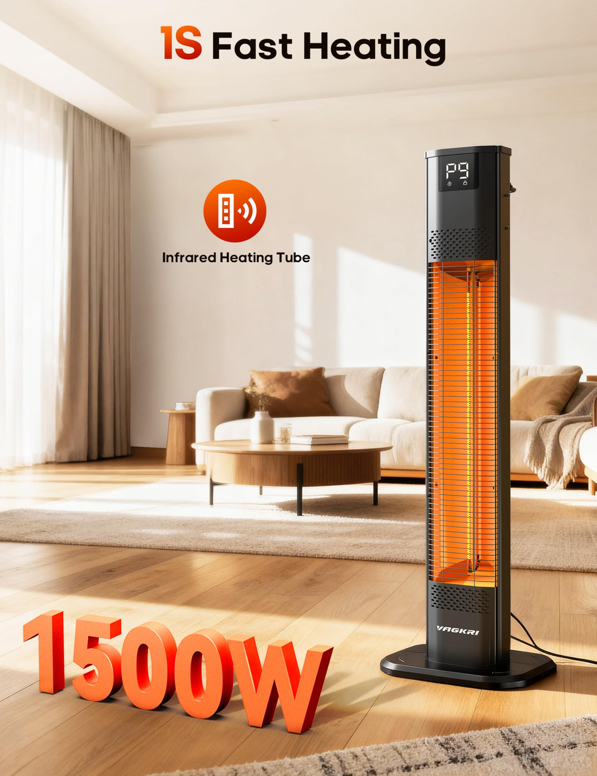 Outdoor Heater, 1s Instant Heating 42in Infrared Patio Heaters, 9 Heat Levels, 24H Timer, IPX5 Waterproof Electric