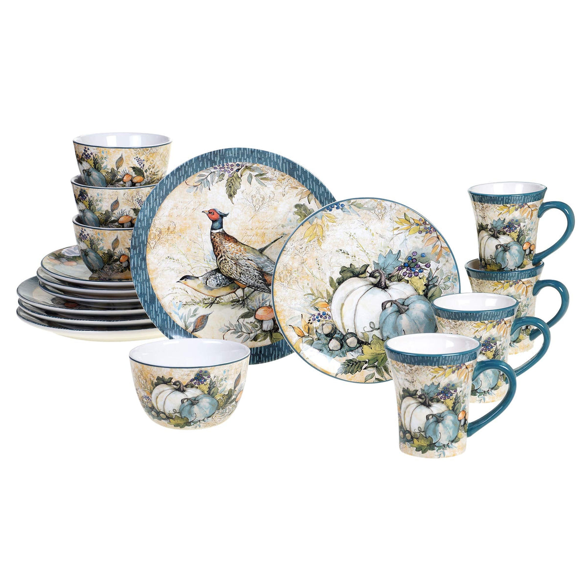 Harvest Gatherings 16-Piece Ceramic Dinnerware Set, Service for 4 - Multicolor Fall Plates, Bowls & Mugs with Pumpkin