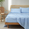 Blue Gingham Sheets Set, 100% Washed Cotton Blue Plaid Bed Sheets, Breathable Comfy Vintage Checkered