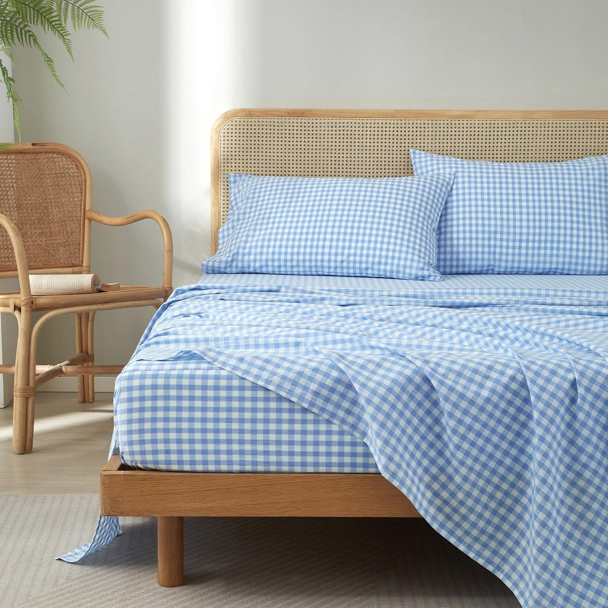 Blue Gingham Sheets Set, 100% Washed Cotton Blue Plaid Bed Sheets, Breathable Comfy Vintage Checkered