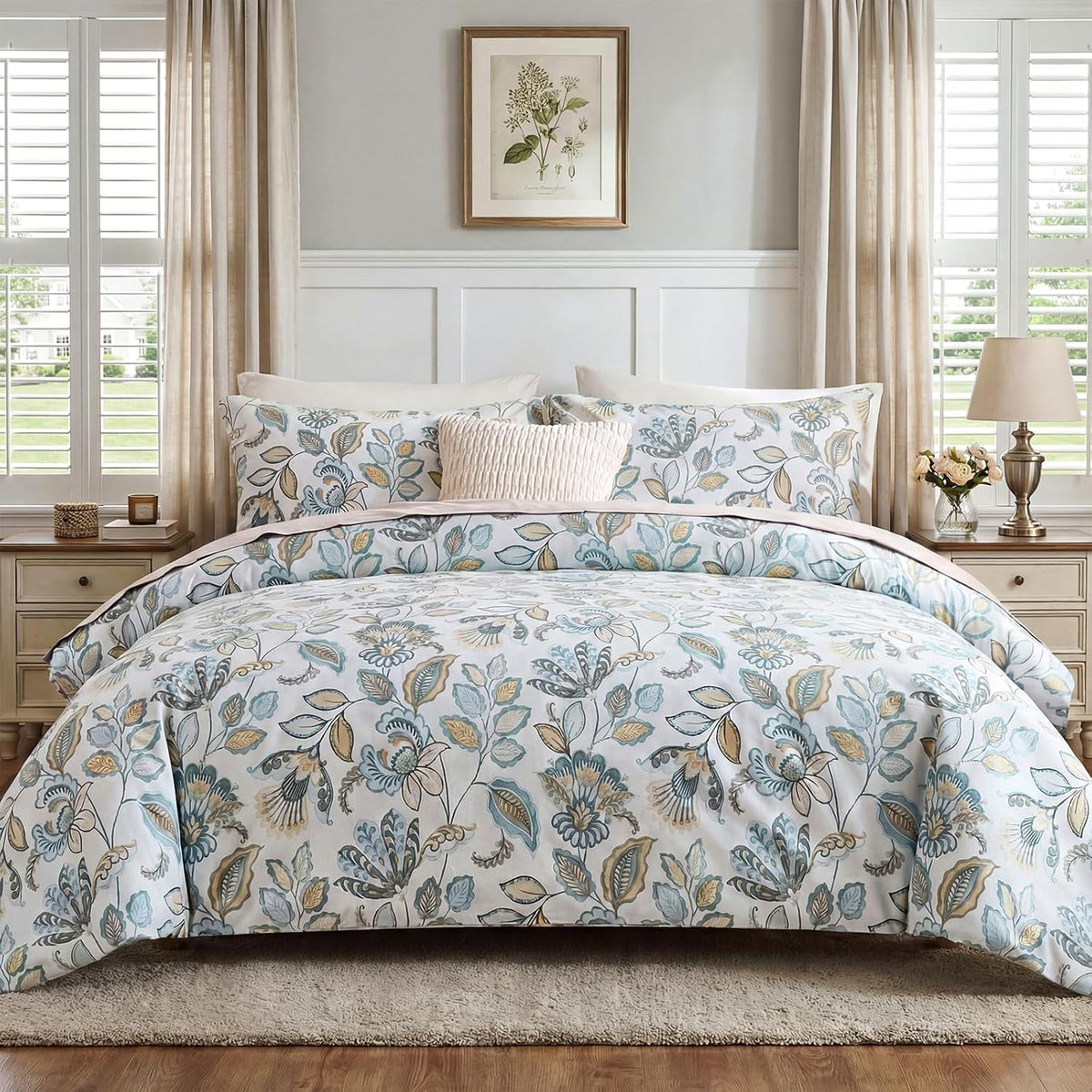 Blue Floral Comforter Set Queen Size, 100% Cotton Blue Botanical Bedding Set, 3 Pieces Soft Breathable Comforter and