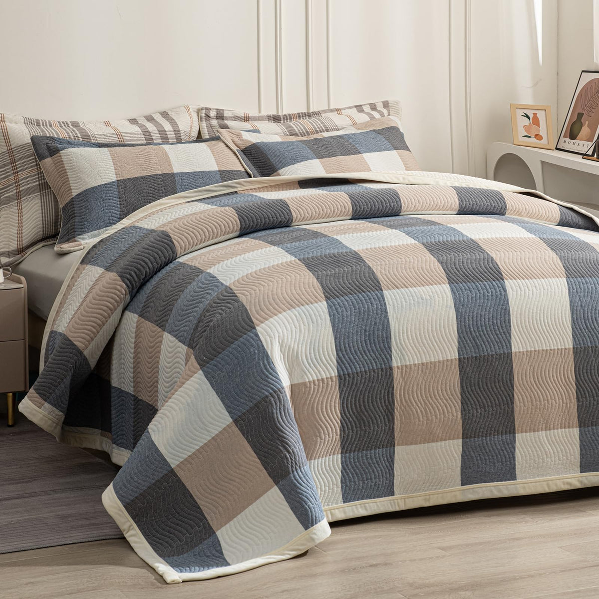 Cotton Plaid Quilt Set, Ultra Soft 3 Pieces Bedding with 2 Pillow Shams, Lightweight Reversible Coverlet