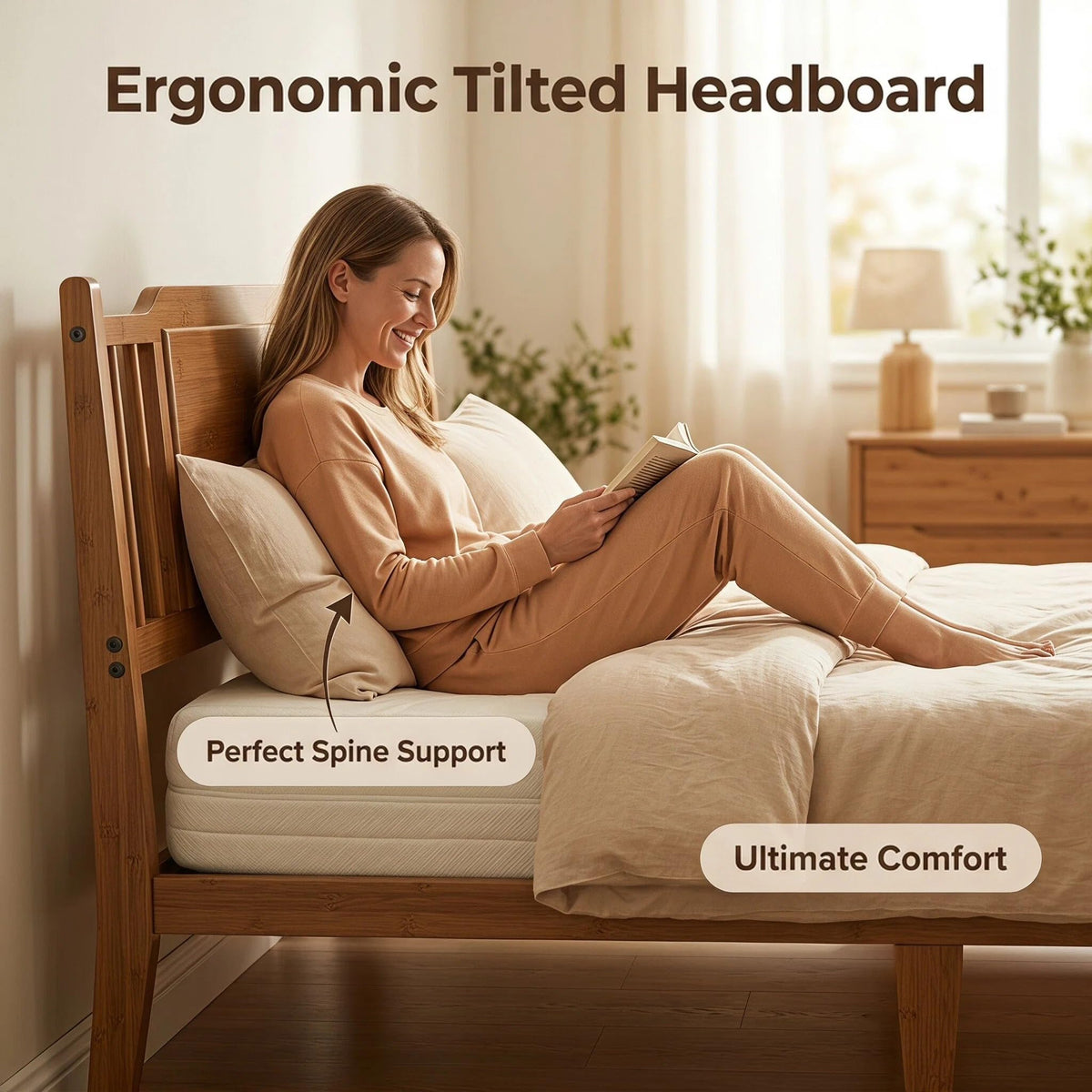 Bamboo Bed Frame with Farmhouse Headboard, Warm Brown Color