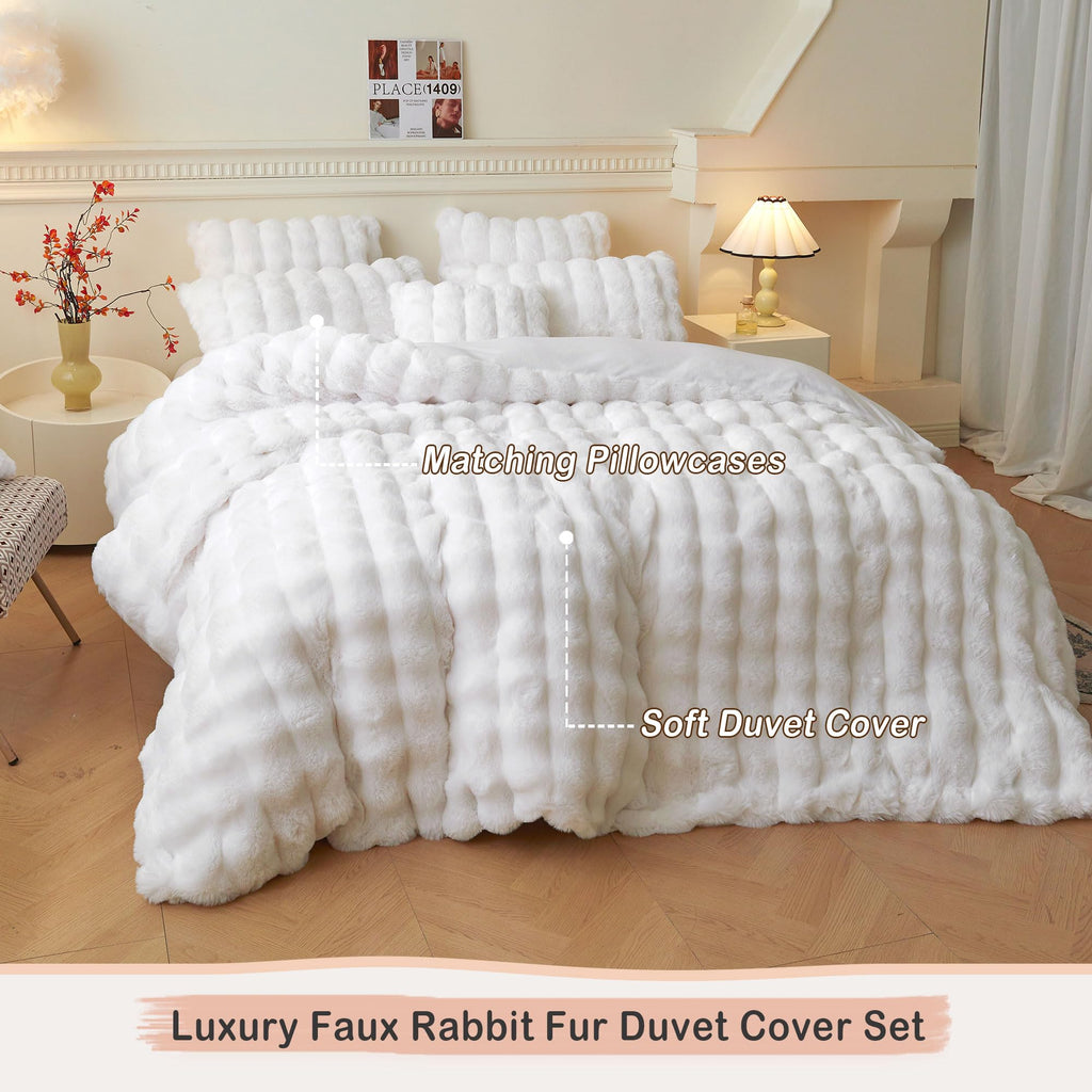 Luxury Faux Rabbit Fur Duvet Cover Set 3 PCS, White
