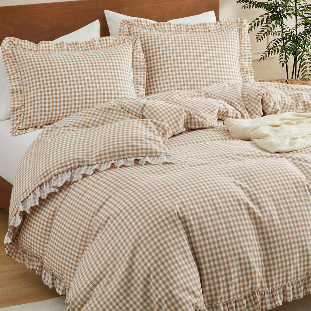 Gingham Ruffle Duvet Cover Set, 3 Pcs No Comforter, Taupe