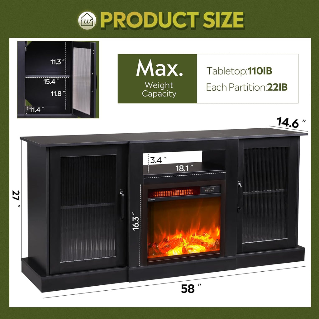 Fireplace TV Stand for TVs up to 65 Inches, Entertainment Center with 3D Realistic Flame Electric Fireplace and Open Shelves, Black