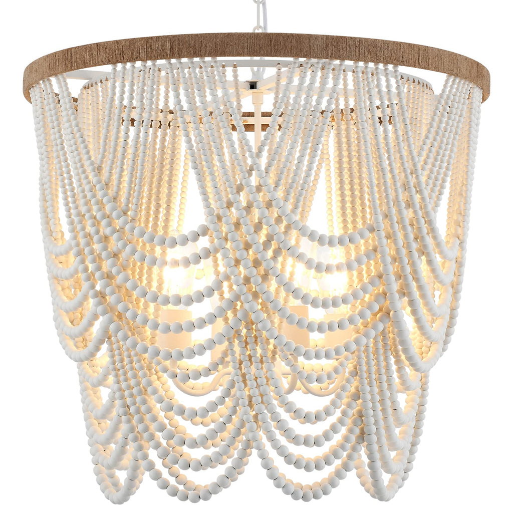 26" Boho Wood Beaded Chandelier Rustic Farmhouse Pendant Light 4-Lights Large Coastal Chandelier Dining Room Foyer