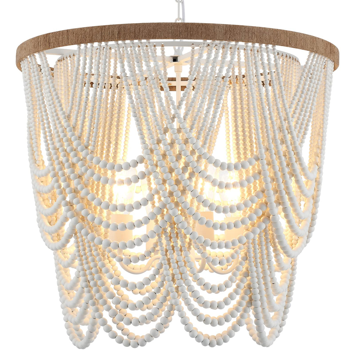 26" Boho Wood Beaded Chandelier Rustic Farmhouse Pendant Light 4-Lights Large Coastal Chandelier Dining Room Foyer