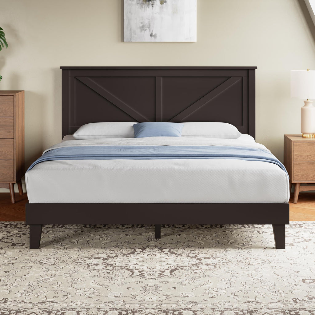 Platform Wood Bed Frame, Farmhouse Headboard, Espresso