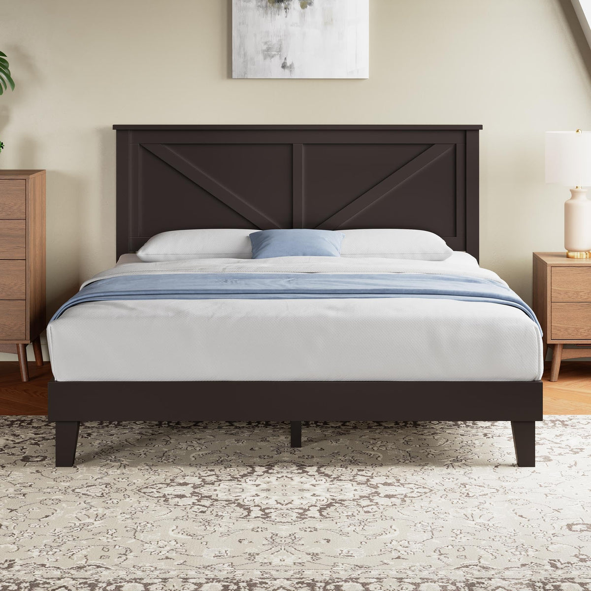 Platform Wood Bed Frame, Farmhouse Headboard, Espresso