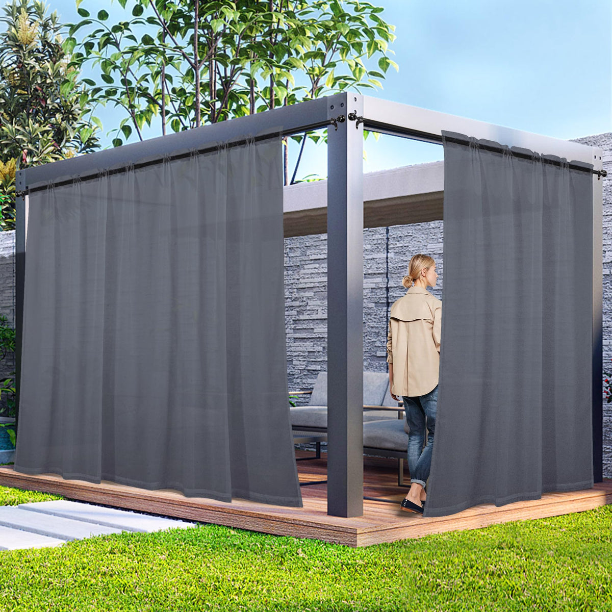 2 Panels Outdoor Sheer Curtains, Gray Privacy Curtains Waterproof, Indoor Outdoor Drapes for Gazebo Pergola Balcony