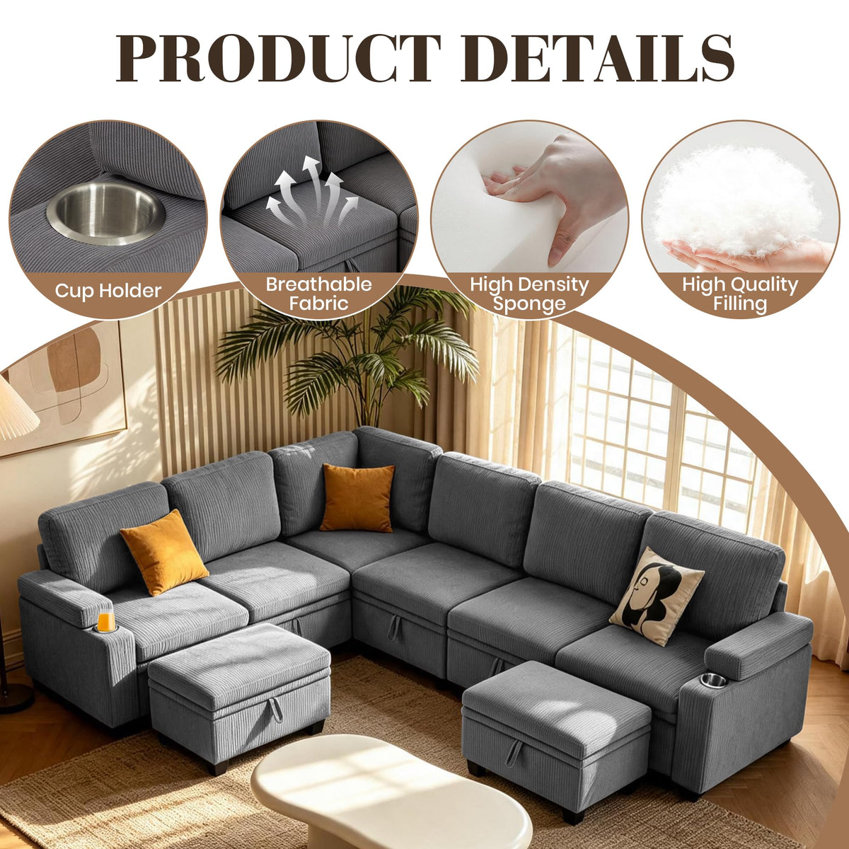 108" Modular Sectional Sofa Bed with Cup Holders, L-Shaped Pull Out Couch