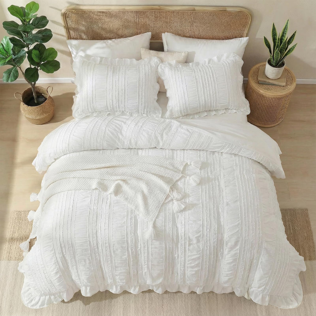 White Ruffle Comforter Set Boho Comforter Set 3 Pieces Ultra Soft Microfiber Seersucker Shabby Chic Bedding