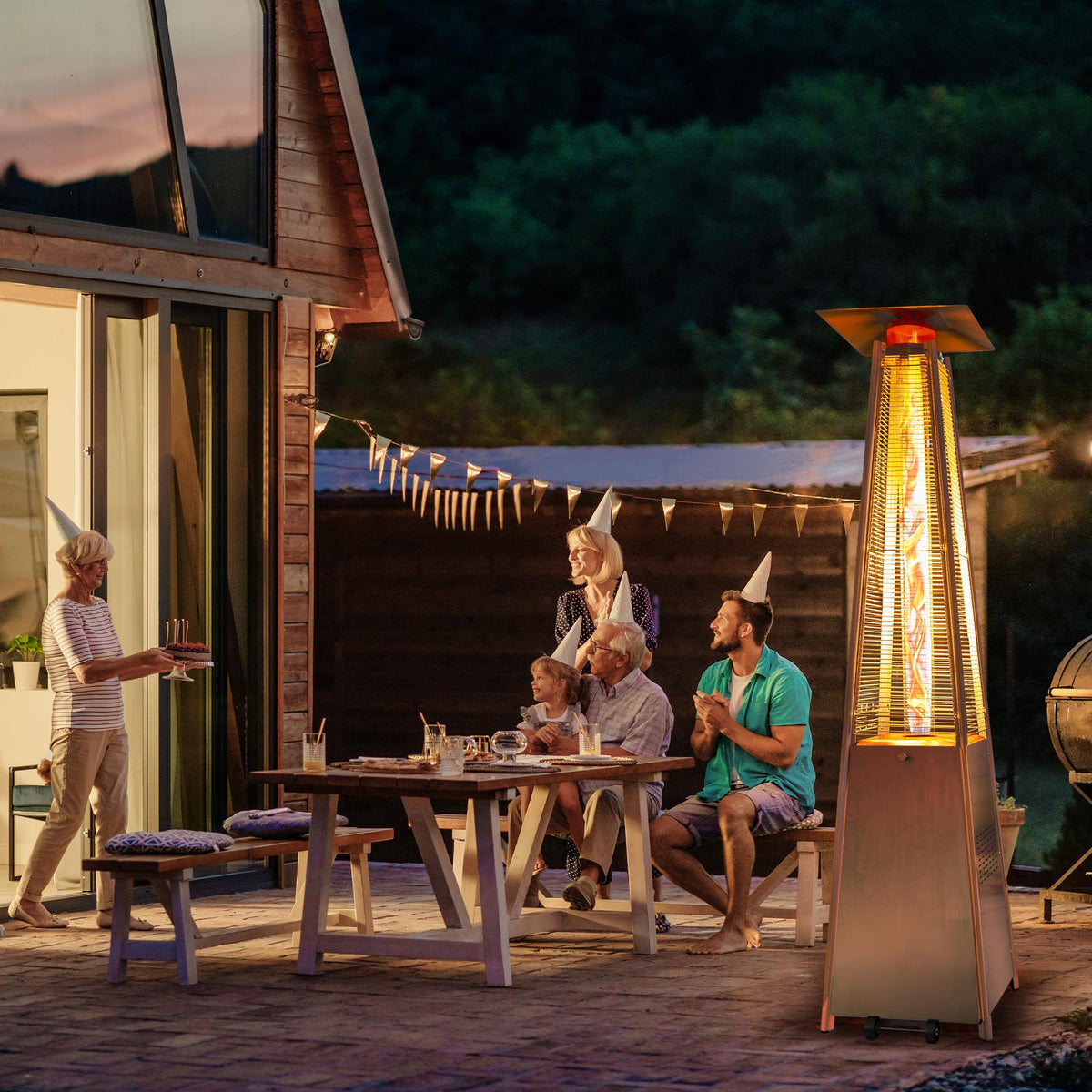 Flame Pyramid Pool Heater, Stainless Steel Triple Safety Protection Patio Heater with Patio Cover, Warm Glass Tube