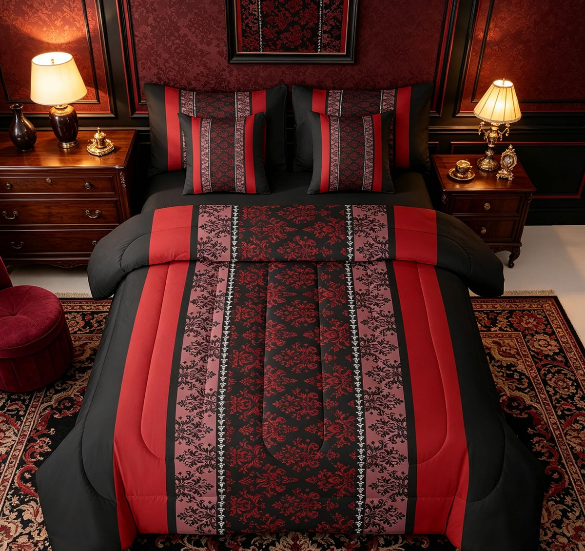 Adult Classic Jacquard 7 Piece Bedding Set Twin Size Damask Pattern Comforter Set with Sheets for Boys Girls Black