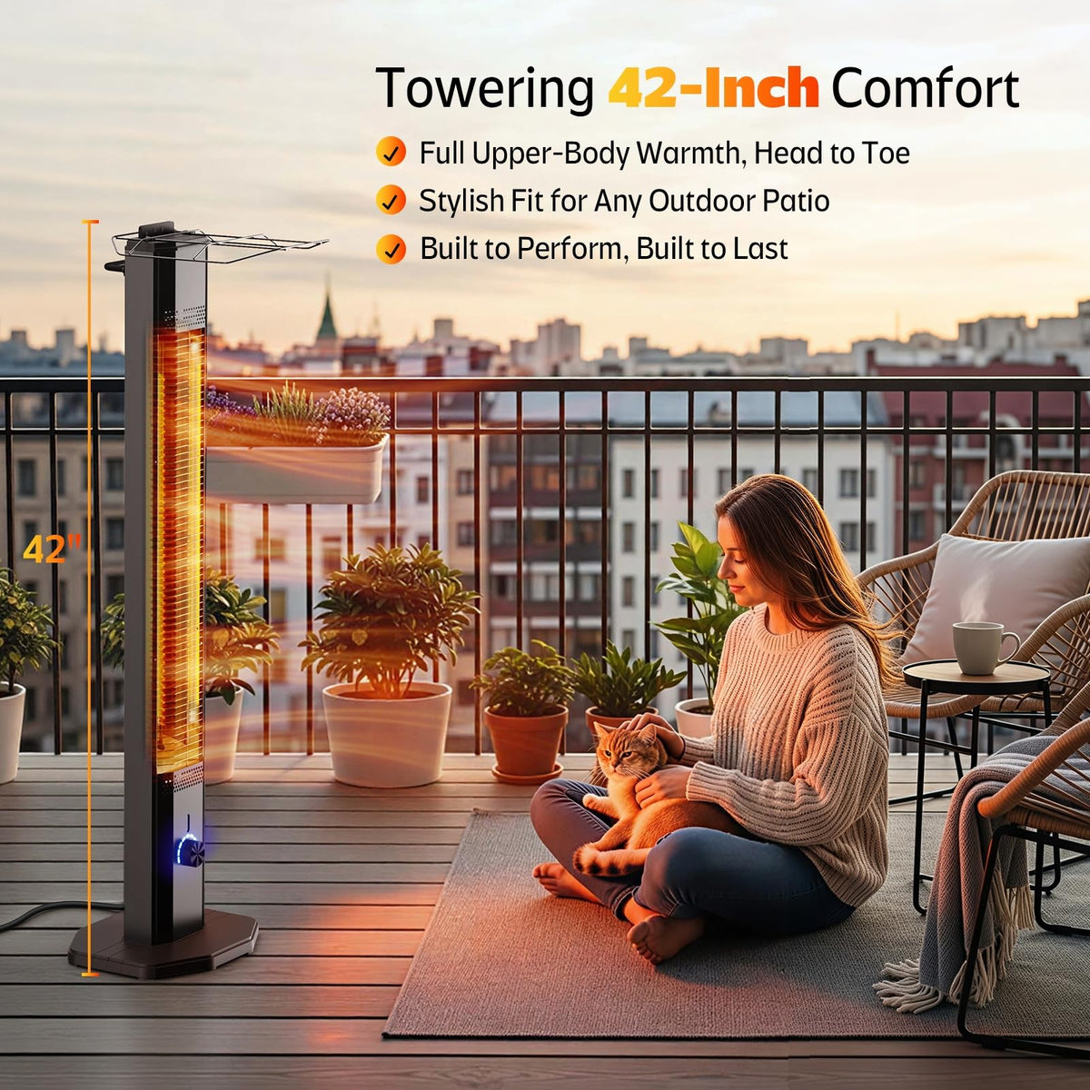 Outdoor Electric Patio Heater, 42-inch 1500W Infrared Tower Heater with 9 Heat Settings & 9H Timer, IPX5 Waterproof