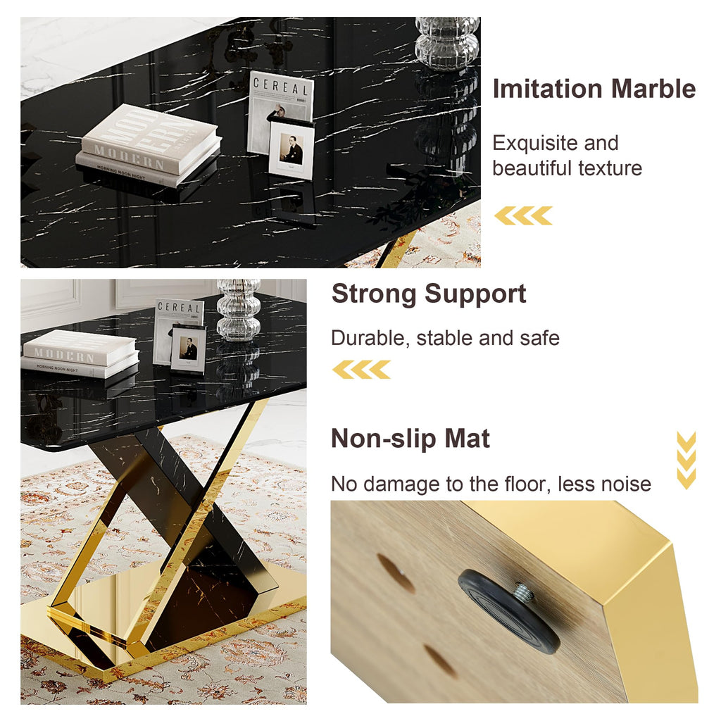 Marble Dining Table Set for 6, 63 in Black Rectangular Table with Gold X-Shaped Frame and 6 Grey Leather Dining