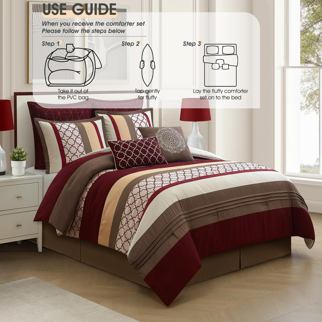 Comforter Set, Berry Taupe Bedding Set, Jacquard Woven with Embroidery, 8 Pieces Bed in a Bag, Bed Skirt, Shams