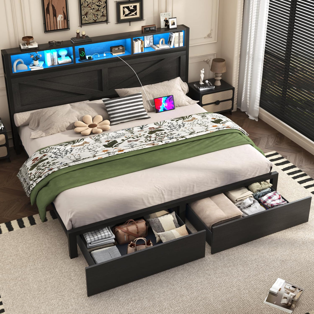 Farmhouse Bed Frame with Bookcase Storage Headboard, Charging Station, LED Light and 2 Storage Drawers, Noise